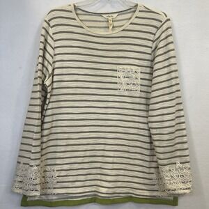 Matilda Jane Classic With A Twist Top Women's XL Gray‎ Striped Crochet Lace